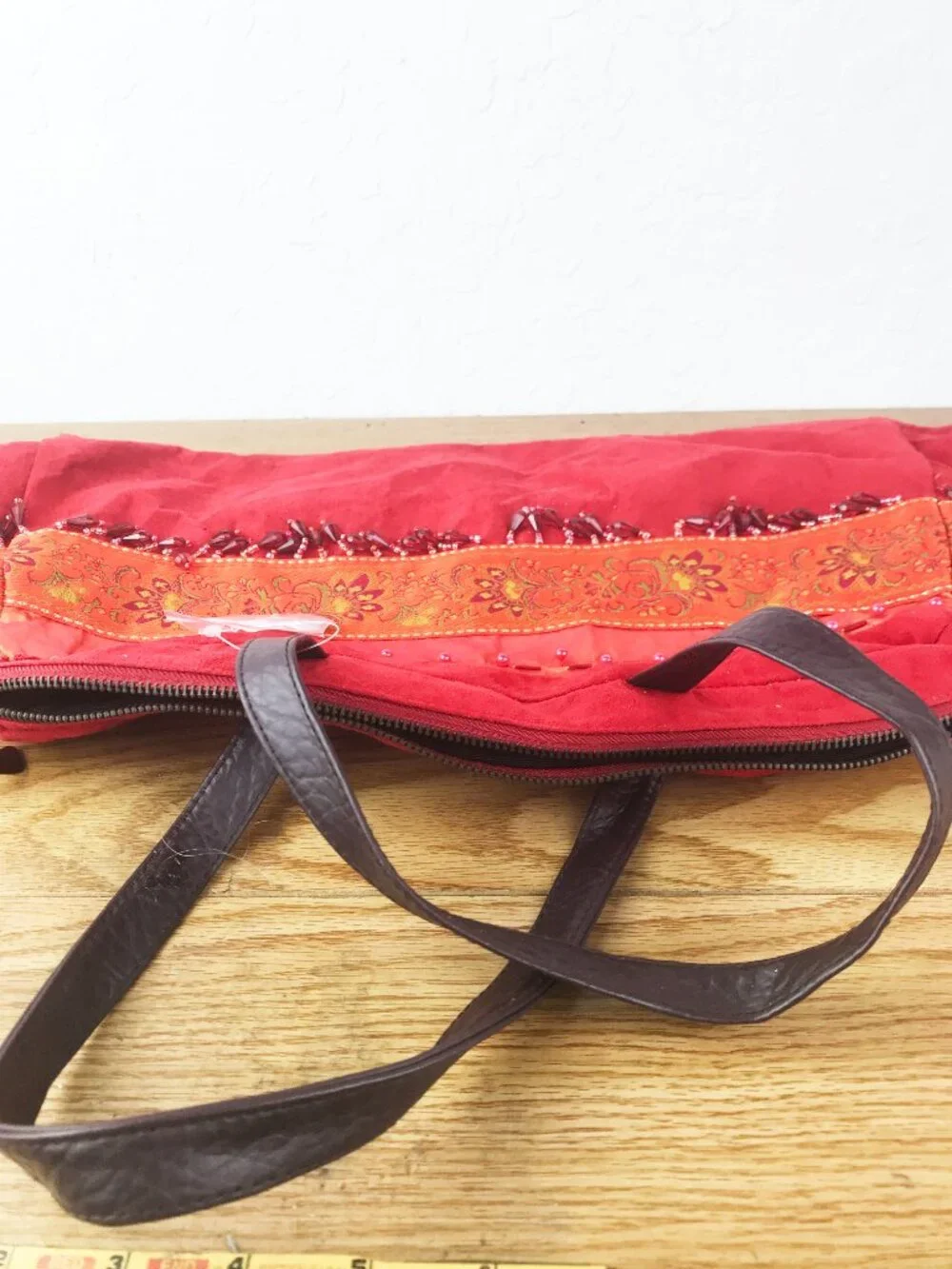 Mountain Mama's Red Suede Feel Tote Bag – Embroidered Trim Beaded Fringe